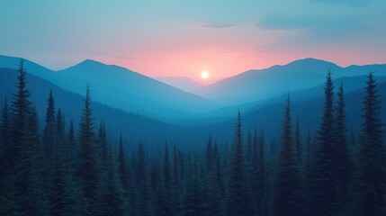 Obraz premium Serene sunset over misty mountains and evergreen trees, evoking tranquility and nature's beauty.