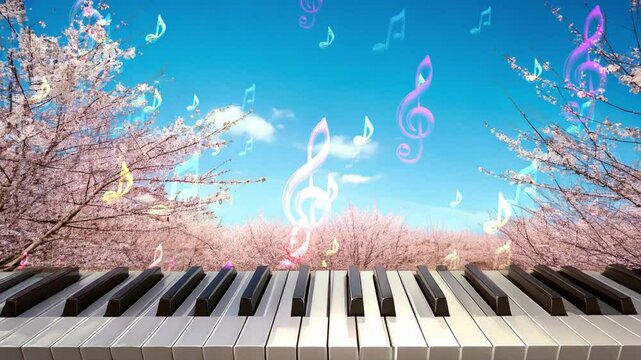 【春】【音楽】桜の風景とピアノの鍵盤：音符の背景アニメーション