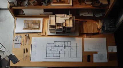 Architectural Model and Drawings On A Wooden Desk