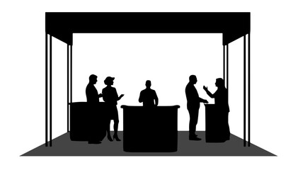 Silhouetted group of business people discussing at trade show booth