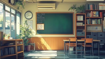 A cartoon illustration of an empty school class room