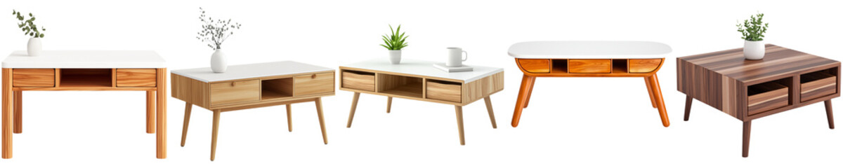 Home organization and storage ideas, A collection of stylish coffee tables featuring various designs and materials, each with decorative plants for an inviting look.