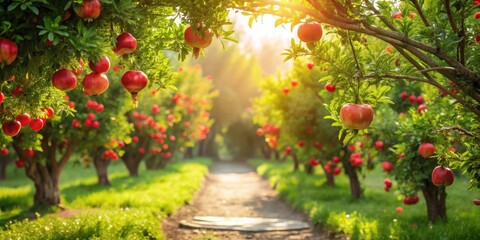 Obraz premium Sunlit Orchard Path Rows of Pomegranate Trees Heavy with Ripe, Juicy Fruit in a Serene Garden Setting