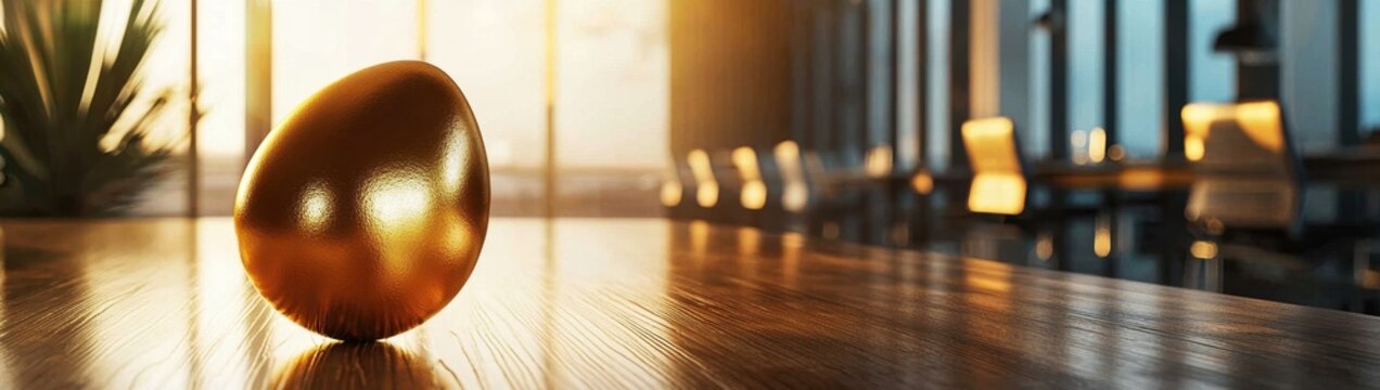 A modern start-up meeting room featuring a symbolic golden egg. 