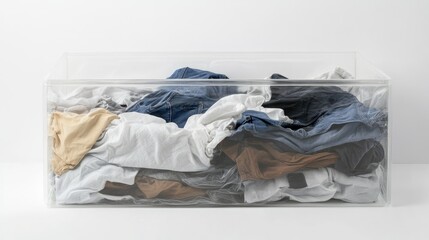 A pile of dirty laundry in a transparent clothes container, set against a white background, showing crumpled shirts and socks