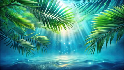 Fototapeta premium Serene Underwater Oasis Lush Tropical Palm Fronds Frame a Sunlit, Tranquil Aquatic Scene