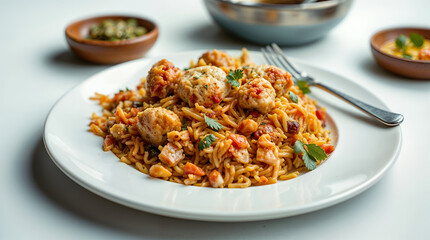 Fototapeta premium Delicious Savory Chicken and Rice on White Plate