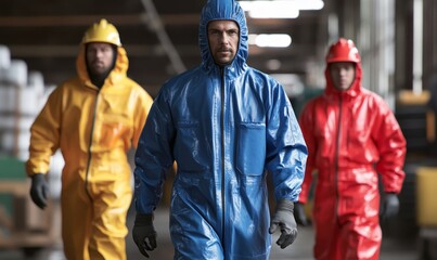 Fototapeta premium Industrial Workers in Protective Suits Inside Factory
