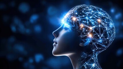 Obraz premium A futuristic representation of a human head illuminated by neural connections and glowing lights, symbolizing intelligence and creativity.