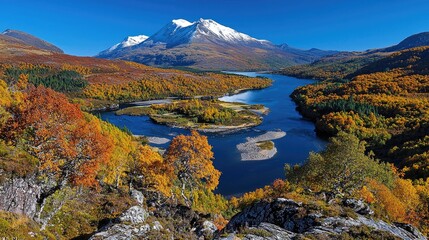 Fototapeta premium Scenic autumn landscape of a winding river flowing through a valley of golden trees with a snow-capped mountain under a clear blue sky.
