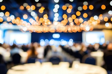 A vibrant scene of a large event featuring tables and chairs.