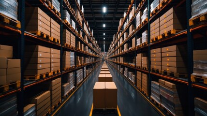 Fototapeta premium Efficient warehouse operations industrial facility photography indoor environment aisle view logistics management