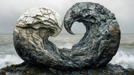Abstract rock sculptures on a coast, resembling yin and yang, weathered, textured, and contrasted by the sea.