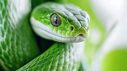 Fototapeta premium The hypnotic eye of a snake with a glossy scale texture and a mysterious depth reflecting its jungle surroundings,