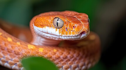 Fototapeta premium The hypnotic eye of a snake with a glossy scale texture and a mysterious depth reflecting its jungle surroundings,
