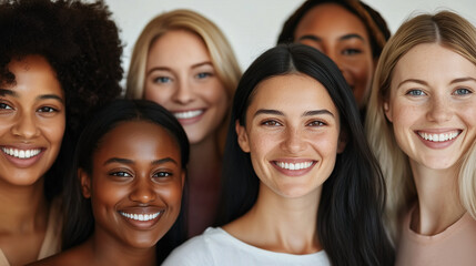 A close-up group shot of women of various races and skin tones, smiling confidently