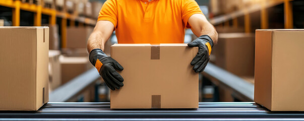 warehouse worker with gloves packing boxes on a conveyor belt