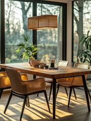 Fototapeta premium Dining Room Table with Chairs and Plant