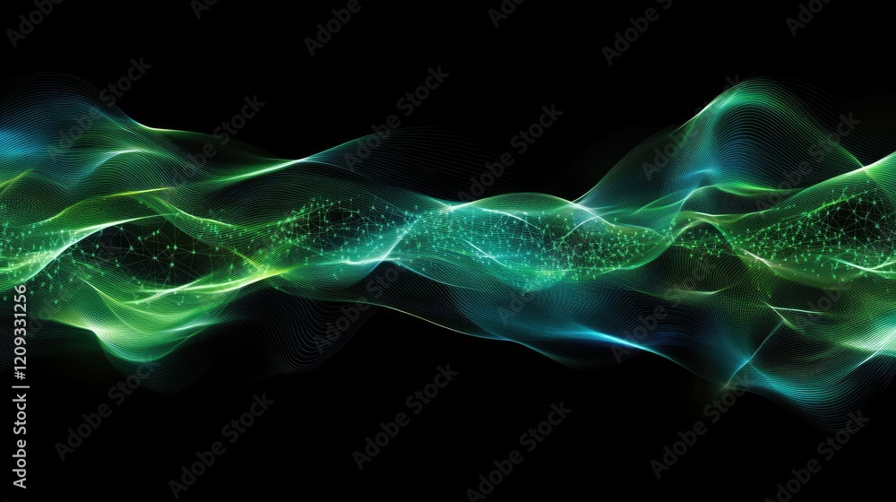 Poster a seamless technology-themed background with interconnected points and fast-moving digital waves in 
