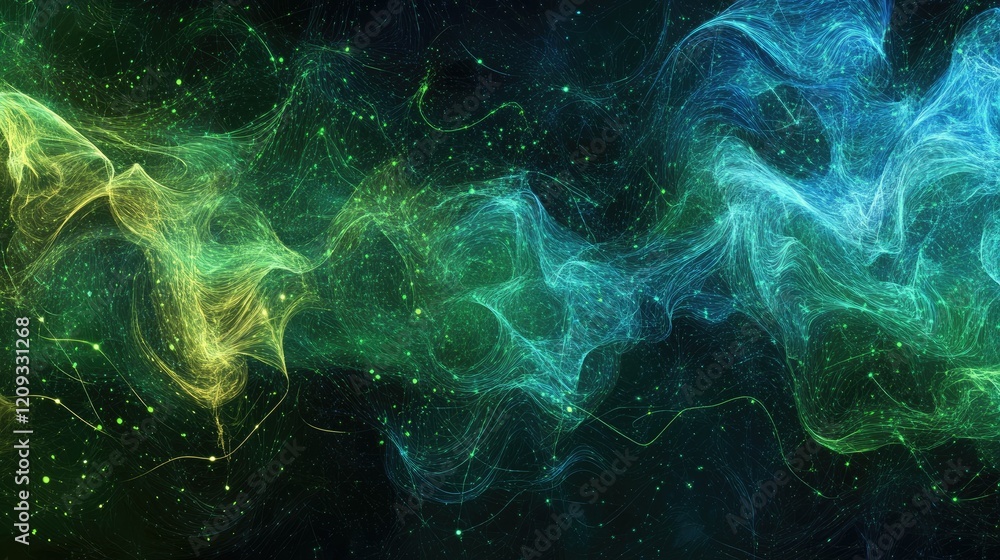 Poster a seamless technology-themed background with interconnected points and fast-moving digital waves in 