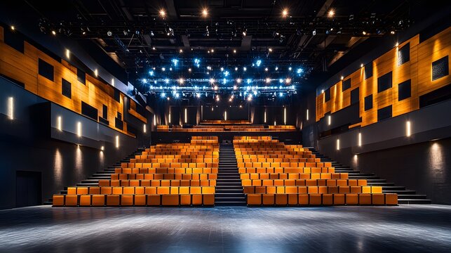 Grand concert venue with tiered seating, acoustically enhanced walls, and a wide stage. Designed for live performances and musical events.