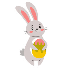 Cute gray Easter bunny holding an Easter egg, vector illustration on a white background