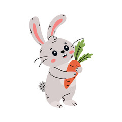 cute rabbit holding carrot, in flat design style. vector illustration white background, for spring, Easter, gardening themes. for greeting cards, children's books, or any playful designs.
