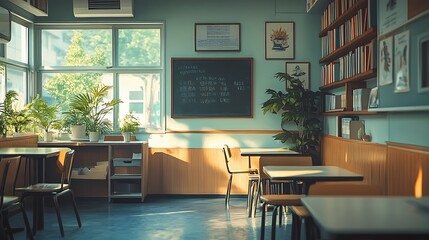 Fototapeta premium A cartoon illustration of an empty school class room