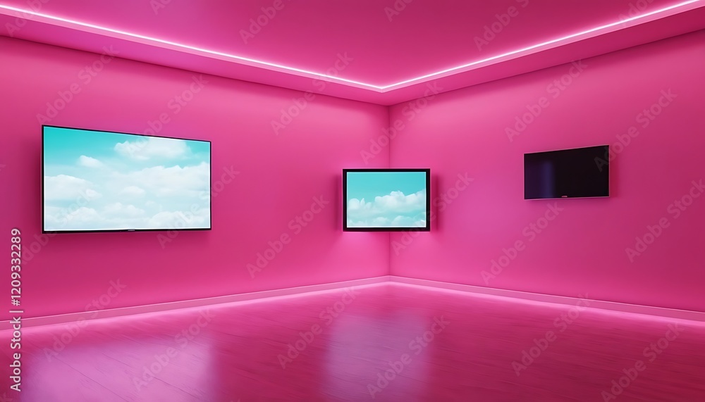 Poster empty minimalist neon pink room interior with windows and led tv. 3d render.playing with colorful ne