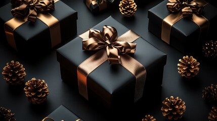 Elegant Black Gift Boxes with Golden Ribbons and Decorative Pinecones