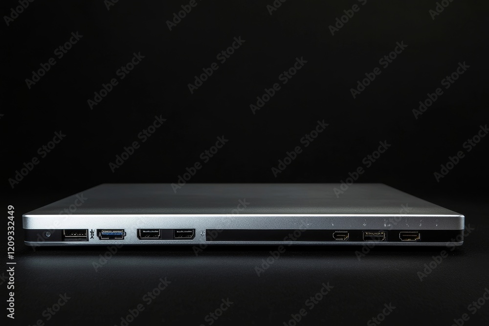 Aufkleber portable modern silver computer on a black background. half the computer in the shade., generative a