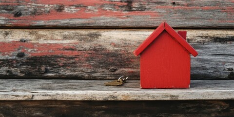 Wooden red house and keys on the old wooden boards. Copy space for text., Generative AI