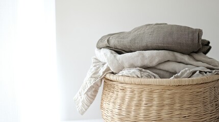 A stack of dirty clothes in a woven laundry basket, displayed on a clean white background for simplicity
