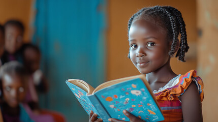 A black girl with braided hair is smiling, holding a bright book in her hands. In the background, several students are watching her intently, creating an atmosphere of curiosity and learning.