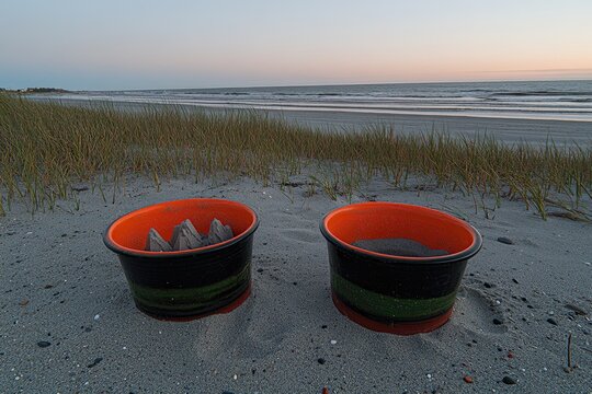 Sandcastles in beach buckets at sunset, ocean background; travel, leisure photography