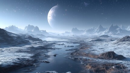 Fototapeta premium Frozen alien landscape with a crescent moon and starry night sky.