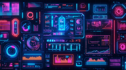 Fototapeta premium A futuristic digital interface with holographic elements, showcasing data analytics, graphs, and technology symbols in vibrant neon tones, representing advanced technology and innovation.