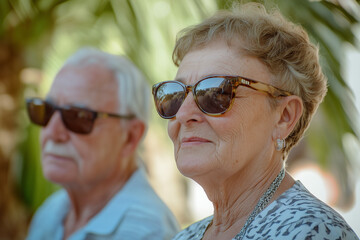 A couple of senior wearing vacation fashion
