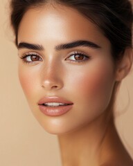 Naklejka premium Natural beauty portrait of a young woman with glowing skin and soft features taken in a neutral setting showcasing bright eyes and healthy complexion