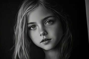 Fototapeta premium A black-and-white portrait of a young Caucasian girl with soft, curious eyes, Generative AI