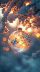 Glowing Christmas Ornament Hanging on Frosty Tree Branch