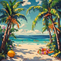 Tropical Beach Fun with Palm Trees Colorful Toys Vacation Scene