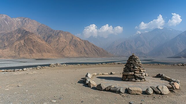 Scenic mountain landscape featuring a stone cairn in a serene environment.