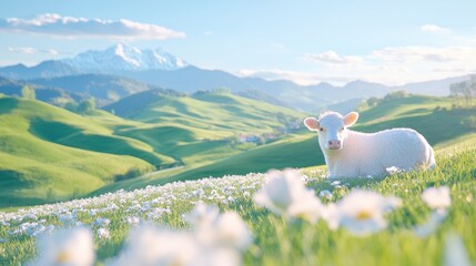Calf in daisy field, mountain backdrop, spring. Pastoral scene, idyllic nature