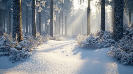 Naklejka premium A serene winter forest scene with snow-covered ground and sunlit trees.