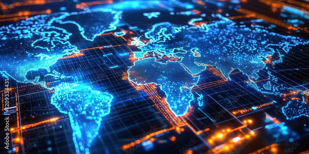 Poster visual representation of a digital world map in blue hues.
