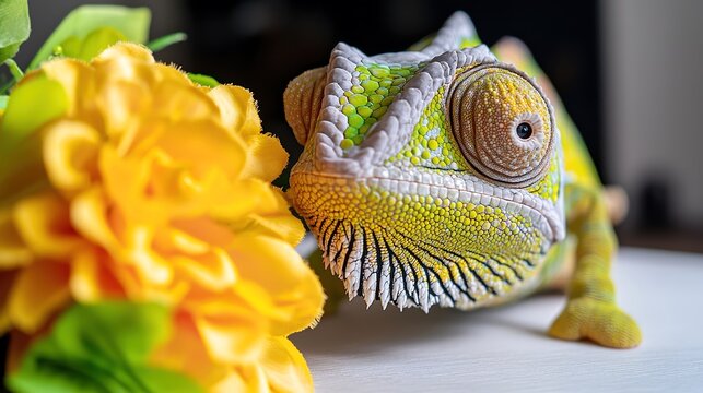 1 A captivating close-up of a chameleons eye, with vibrant scales and the unique ability to change color, representing adaptability in nature,