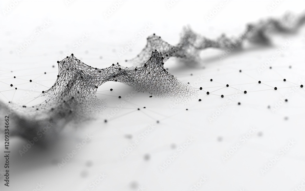Poster abstract grayscale digital wave of connected dots and lines on white background.