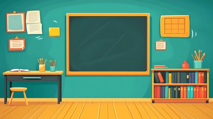 A cartoon illustration of an empty school class room