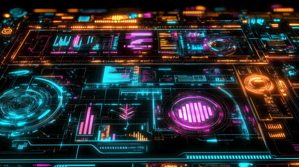 Obraz premium A futuristic digital interface with holographic elements, showcasing data analytics, graphs, and technology symbols in vibrant neon tones, representing advanced technology and innovation.